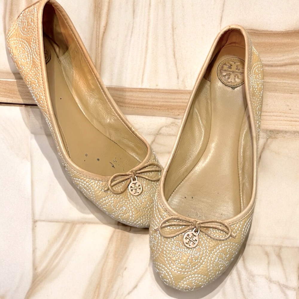 Tory Burch Metallic Gold Loafers with Bow Accent